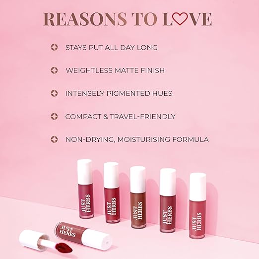 Just Herbs Ayurvedic Liquid Lipstick Kit Set of 5 with Long Lasting, Hydrating & Lightweight Lip Colour, Brights & Pinks - Paraben & Silicon Free