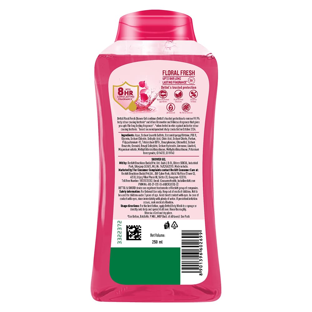 Dettol Body Wash and Shower Gel, Rosewater and Hibiscus- 250ml Pack of 2