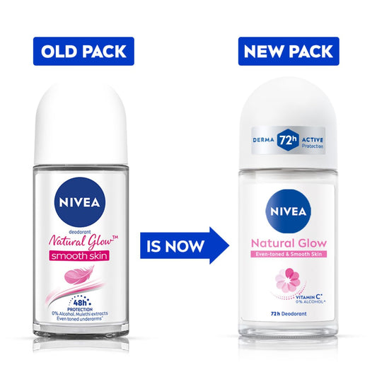 NIVEA Natural Glow Smooth Skin Deodorant Underarm Roll On for Women| Vitamin C, Vitamin E, Avocado oil and Licorice Extract | 72 H Even Toned, Smooth & Bright Underarms | 0% Alcohol and Dermat Approved |50 ml