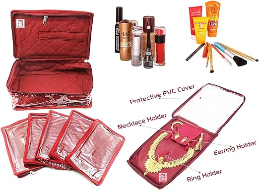 Atorakushon Fabric Jewellery Organizer Make Up Kit with 5 Pouch (Maroon, Large)