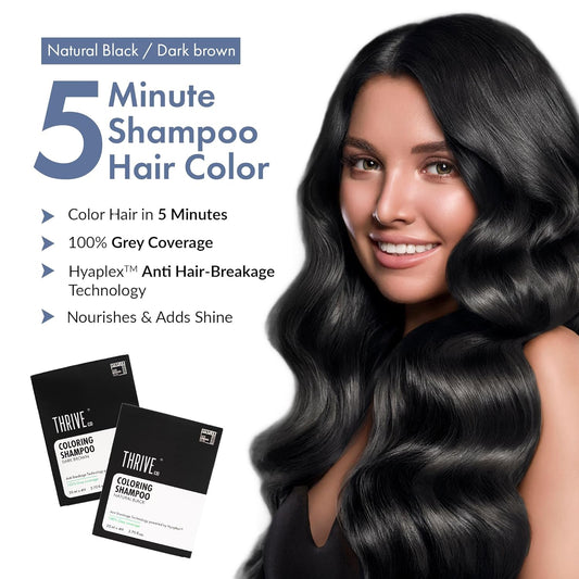 ThriveCo Natural Black 5-Minute Coloring Shampoo | 100% Grey Coverage - 20ml X 4 | Ammonia-Free | Infused with Hyaplex™ | Hydrates Hair & Delivers Deep, Long-Lasting Color | 80 ML