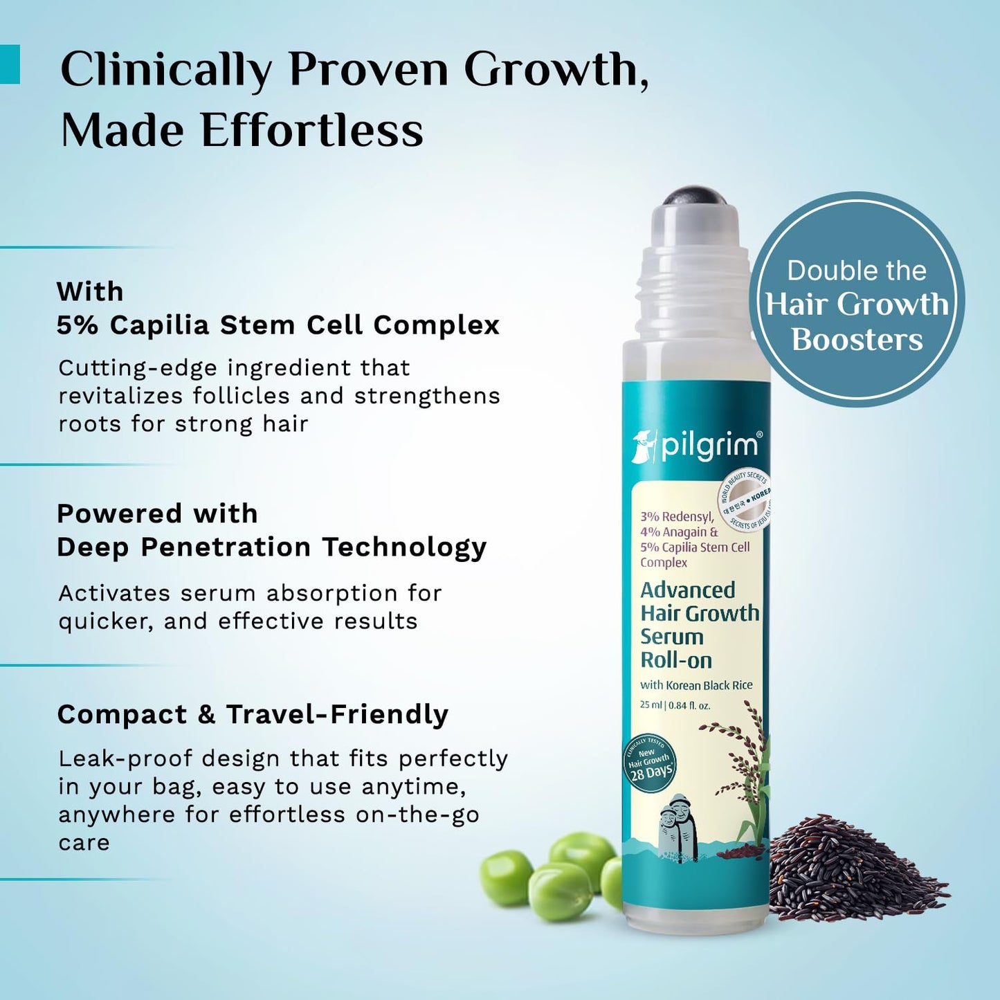 Pilgrim Advanced Hair Growth Serum Roll-on for Scalp with Korean Black Rice, 25 ml
