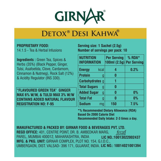 Girnar Food & Beverages Pvt. Ltd. Detox Green Tea (Desi Kahwa) (Pack of 10 Tea Bags,25 grams)