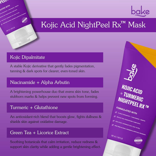 Bake 1% Kojic Acid Night Peel Off Mask with Niacinamide & Turmeric, 100 gm