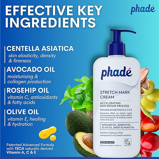 Phade Stretch Mark Cream with CICA for Pregnancy, Scars, Uneven Skin Tone, Ageing - 200ml