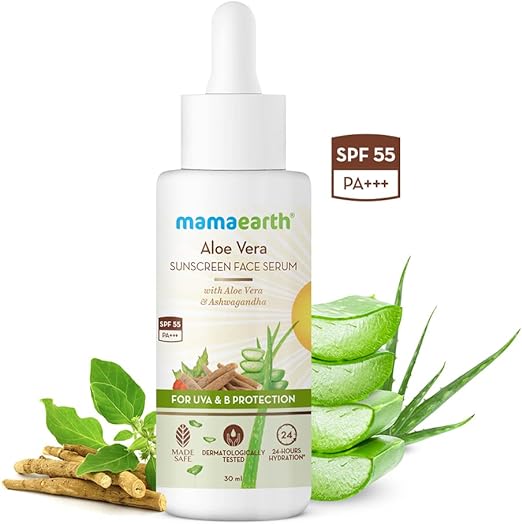 Mamaearth Aloe Vera Sunscreen Face Serum with SPF 55, with Aloe Vera & Ashwagandha for UVA& B Protection - 30 ml