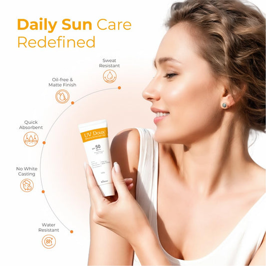 UV Doux Sunscreen Gel SPF 50 PA+++ | Broad Spectrum UVA & UVB | No White Cast | Benzene-Free | Dermatologist-Approved | Non-Comedogenic | Water-Resistant | For Oily, Acne & Sensitive Skin | 100 g