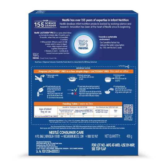 Nestle Lactogen Pro 3, Follow-Up Formula With Iron, Whey Protein And Vitamins, After 12 Months Up To 18 Months, Bag-In-Box Pack, 400 gm