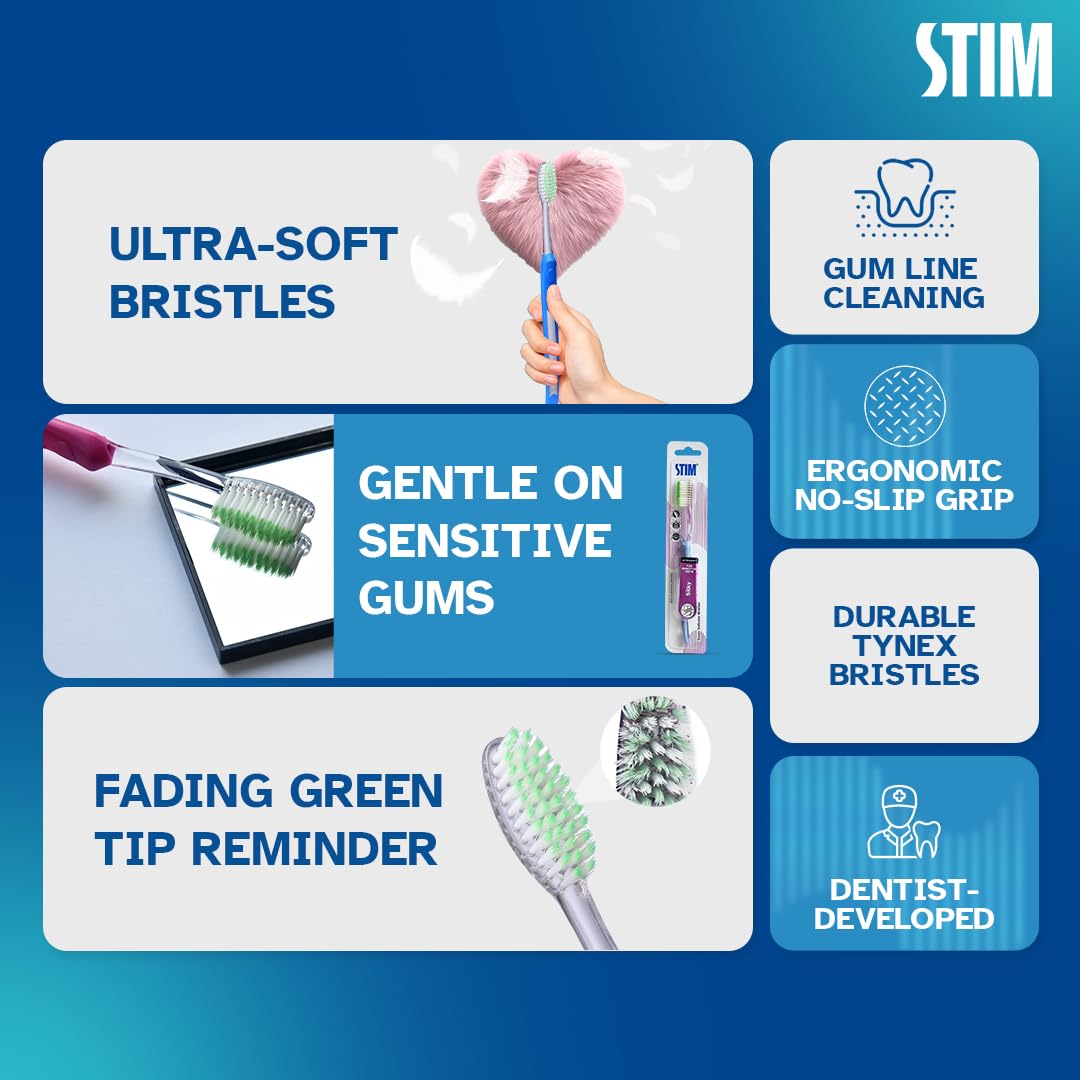 STIM Silky | Ultra soft toothbrush | Extra gentle bristles | Cleans along the gum line | Cleans till 3rd Molar - Pack of 3