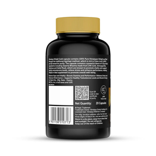 Himalaya Shilajit Gold Capsules. 100% Pure Himalayan Shilajit + 24 Carat Gold, 20 Capsules