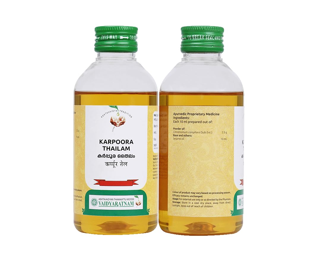 Vaidyaratnam Karpooradi Thailam | Traditional Oil for Body Massage & Joint Flexibility, 15 ml Pack of 2