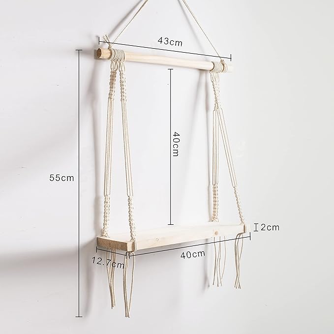 Decazone ® Macramé Wall Hanging Shelf Pine Wood Floating Shelve with Wooden Dowel Modern Chic Woven Décor for Dorm Living Room Nursery Beige 55 x 43cm