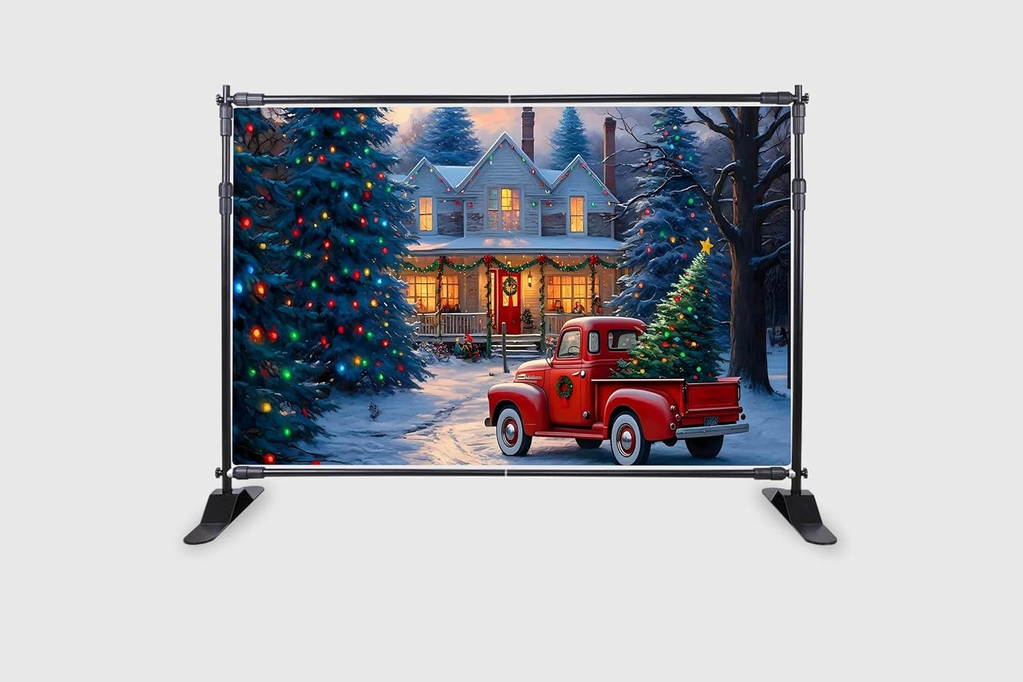 Vintage Red Truck with Christmas Tree and Gifts Festive Holiday Winter Wonderland Scene Photoshoots Size 5 Feet Height & 8 Feet Width