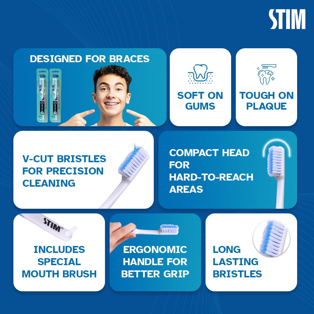 STIM Ortho Mb Toothbrush Pack Of 2 Toothbrush For Braces Super Soft Bristles, adult, manual, Multi-Coloured