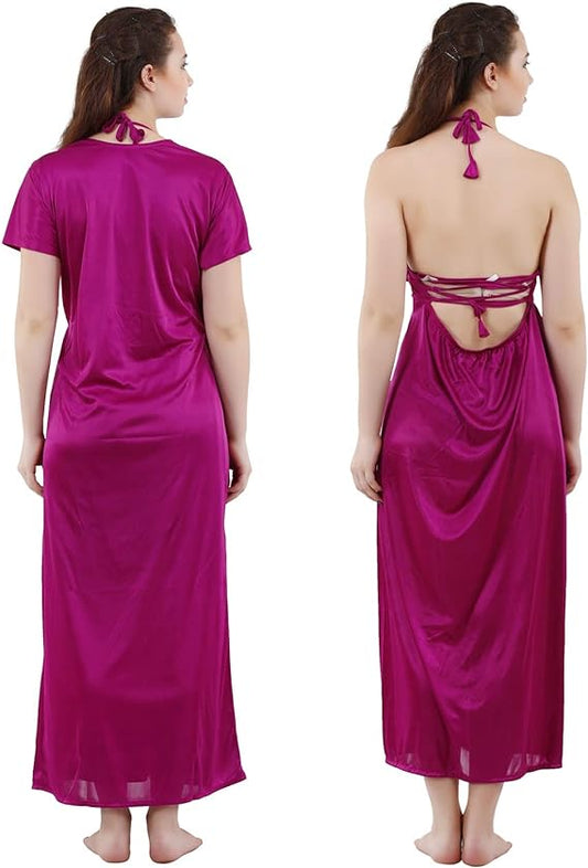 Romaisa Women's Satin Solid Maxi Length Nighty with Robe _Nightwear Set Pack of 2_Free Size