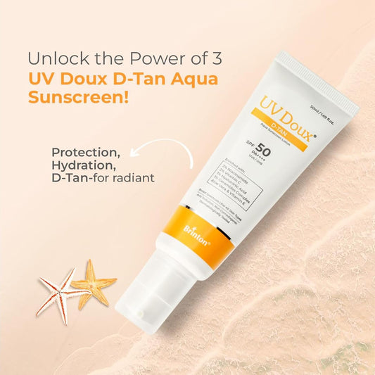 UV Doux D-Tan Aqua Sunscreen Lotion SPF 50 PA++++ | With Niacinamide, Vitamin C, Hyaluronic Acid, Ceramide, Aloe Vera & Vitamin E | Broad Spectrum | Benzene-Free | For Dry & Sensitive Skin | 50 ml
