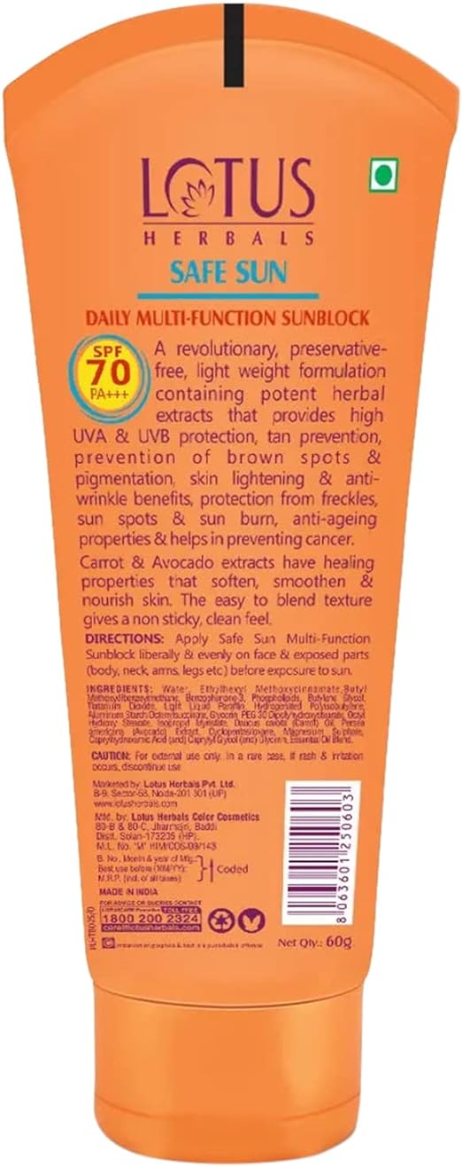 Lotus Herbals SAFESUN Daily Multi-function Sunblock SPF 70 PA+ -60g