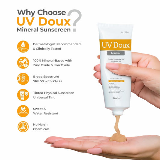 UV Doux Tinted Mineral Sunscreen SPF 50 PA+++ | No White Cast | Zinc & Iron Oxide | Water Resistant | Benzene-Free | Universal Tint for Sensitive Skin | Broad Spectrum 100% Mineral | Safe for Kids 3+ | 50 g