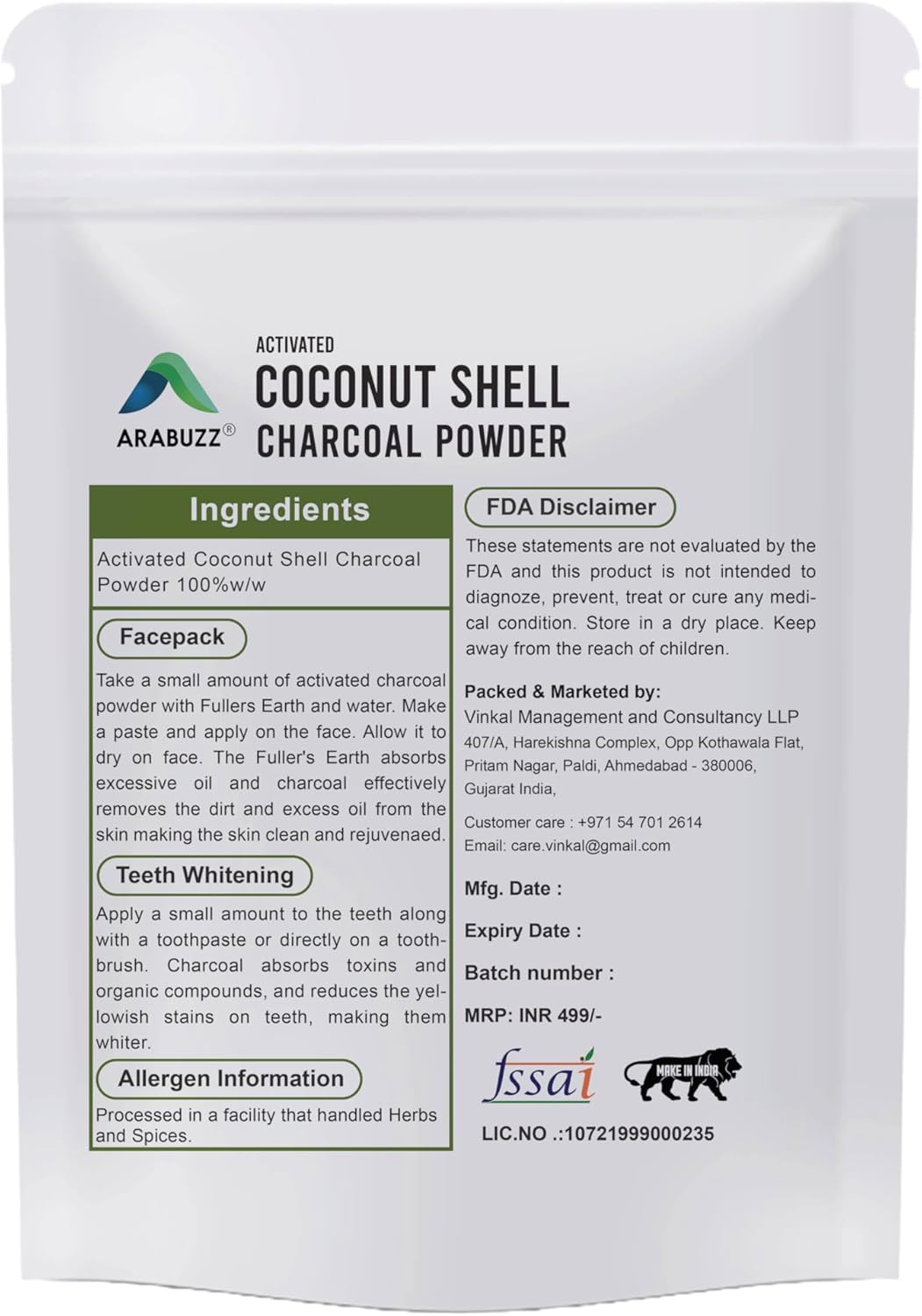 Arabuzz Activated Charcoal Powder from Coconut Shell 8.81 oz (250 Gram / 0.55 LB) | Coconut Charcoal Powder | For Detox