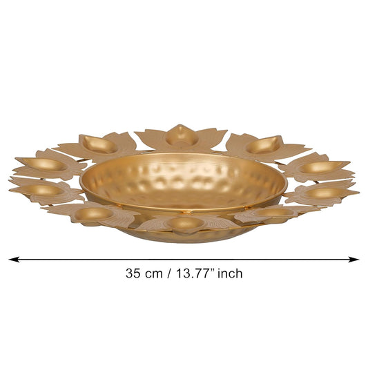 eCraftIndia Golden Metal Handcrafted Decorative Lotus Urli with 10 Diyas - Urli Bowl for Home Decor - Urli for Floating Flowers - Diwali Decoration Items for Home Decor - Housewarming, Diwali Gift