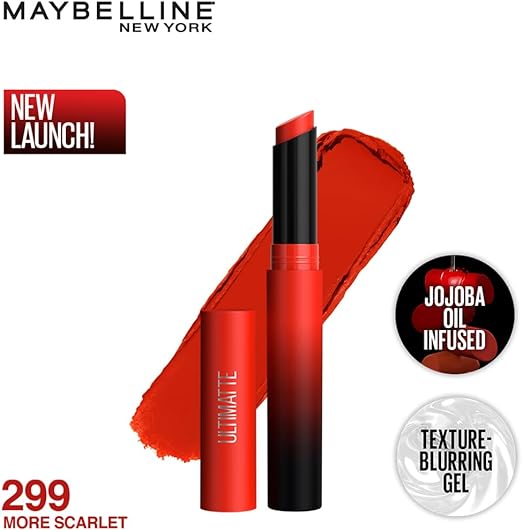 Maybelline New York Lipstick, Matte Finish, Bold Colour, Enriched With Jojoba Oil, Color Sensational Ultimattes, 299 More Scarlet, 1.7g