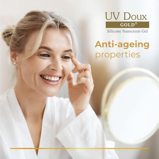 UV Doux Gold Silicone Sunscreen Gel SPF 50 PA+++|With Vitamin C & E|Broad Spectrum UVA/UVB Protection|Anti-Aging, Antioxidant-Rich, Water-Resistant Gel for Hyperpigmentation|Benzene-Free|50g
