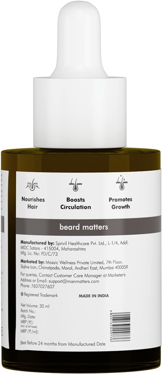 Man Matters BeardGro Beard Growth Tonic for Men - 30ml | 1.5% Aminexil, 4% Moringa, 4% Goksura & 2% LashLD | Thicker beard growth, Stimulates beard follicles, Softens Beard