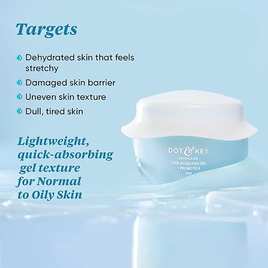 Dot & Key 72Hr Hydrating Gel + Probiotics, with Hyaluronic Acid, Kombucha & Rice Water | Lightweight gel Moisturizer for Dry Skin, Damaged & Uneven Skin Tone Skin I 25ml