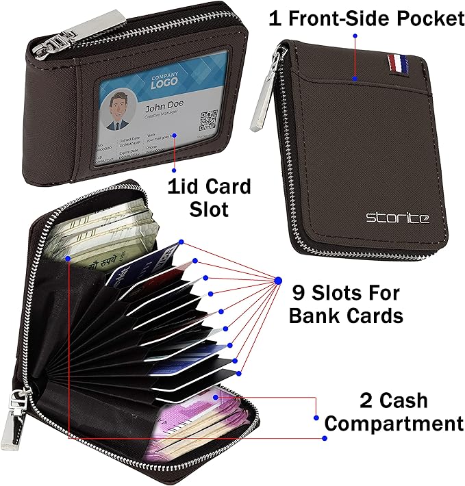 Storite 9 Slot Vertical PU Leather Credit Debit Card Holder Money Wallet Zipper Coin Purse -Chocolate Brown