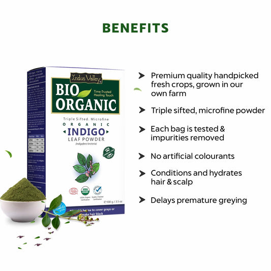 Indus Valley Bio-Organic 100% Herbal Indigo Powder for Natural Hair Color, Organic & Chemical-Free, Helps Protect Hair from Damage – 100g