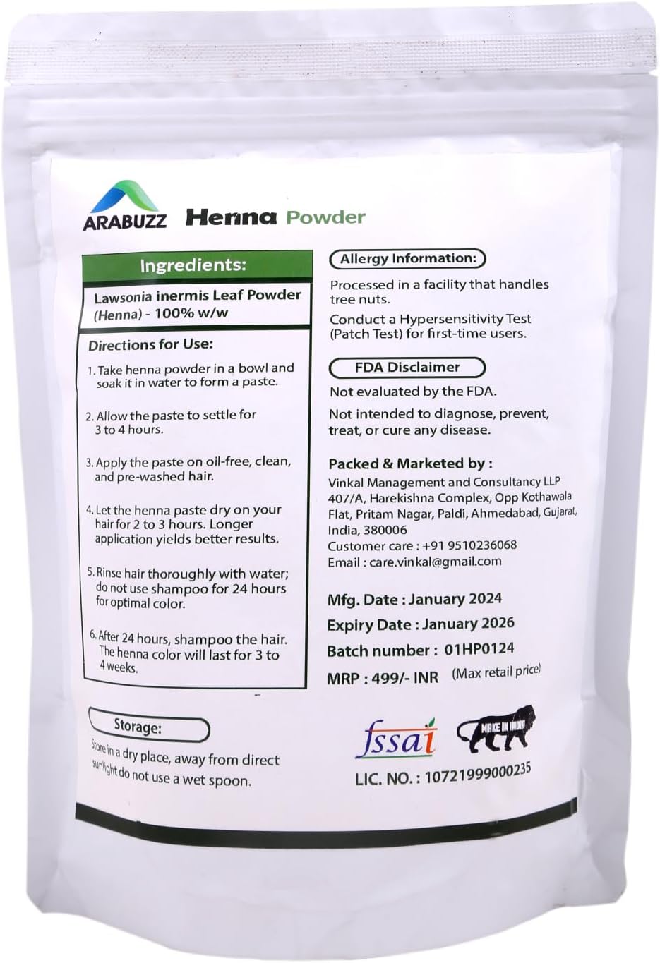 Arabuzz Nature Henna Powder (LAWSONIA INERMIS) - Pure, Natural, and Organic 250 gm