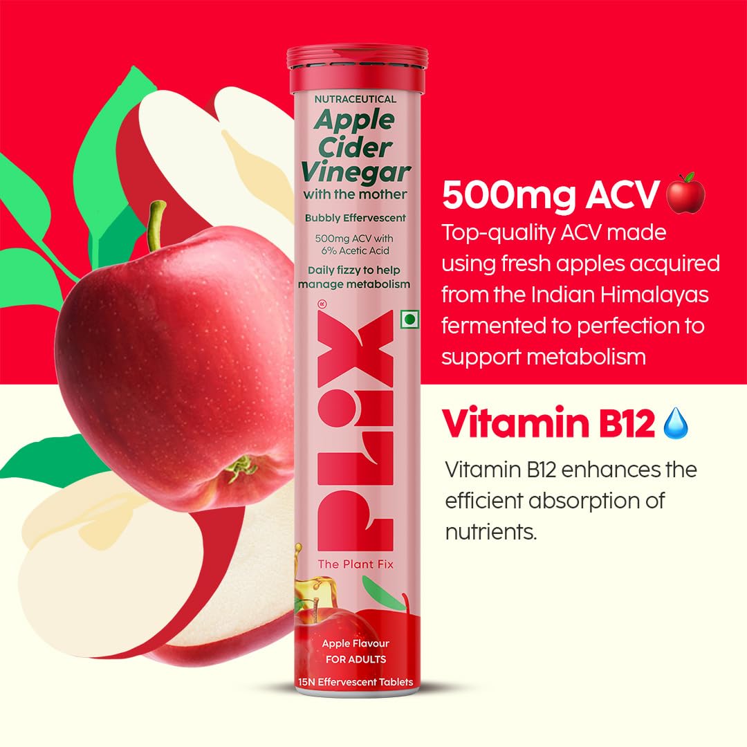 THE PLANT FIX Apple Cider Vinegar Effervescent Tablet with mother | Supports Metabolism & Appetite Control I With 500mg ACV, Vit B6 & B12 I No Maltodextrin, No Added Sugar I Pack of 4 (60 tablets)