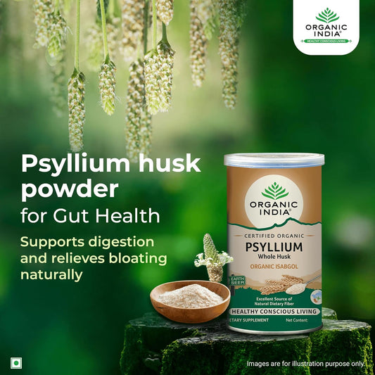 A TATA Product - Organic India Isabgol Whole Psyllium Husk Powder - 100g, With Dietary Fiber, Supports Gut Health & Digestive System, Gluten Free, Non-GMO Project Verified, NPOP & USDA Certified