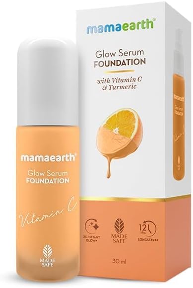 Mamaearth Glow Serum Foundation Lotion with Vitamin C & Turmeric for 12-Hour Long Stay- 06 Almond Glow - 30 ml Dewy Finish