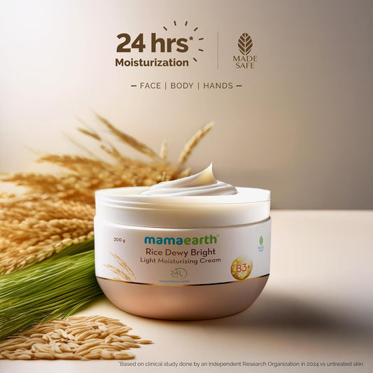 Mamaearth Rice Dewy Bright Light Moisturizing Cream With Rice Water & Niacinamide For Glass-Skin 200G |For Face, Hands & Body|24H Long-Lasting Moisturization