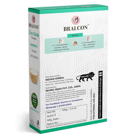 BRALCON Zinc Oxide non nano Powder - 100g | Zno/Zink White Powder for Face Pack, Skin Care | Original Powder|zno non nano particles|Zinc Oxide Powder Sunscreen Lotion|UVB Rays Protection