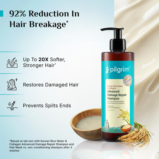 Pilgrim Korean Rice Water & Collagen Advanced Damage Repair Shampoo - 400ml | with 17 Amino Acids, Wheat Protein & 5 Ceramides