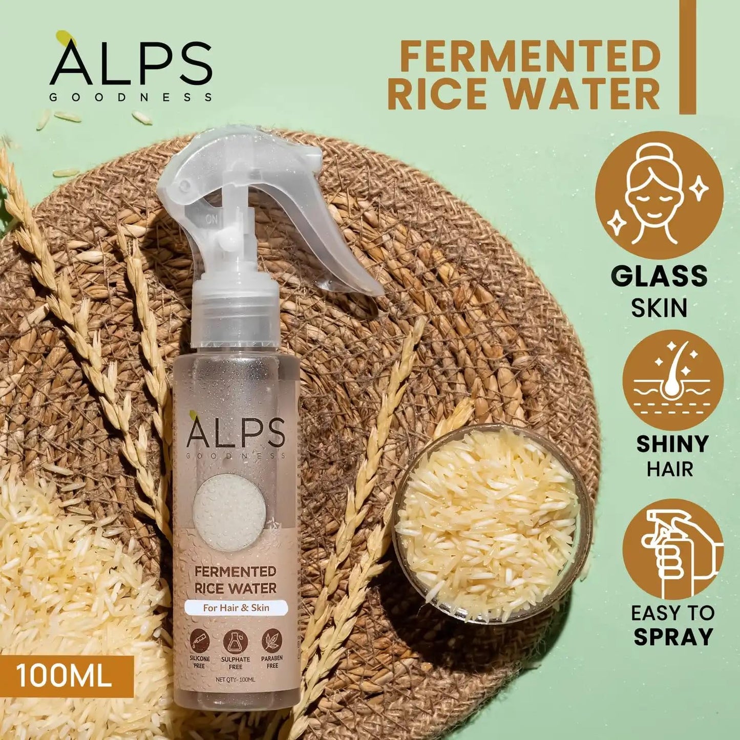 ALPS GOODNESS Fermented Rice Water | Spray for Hair and Skin, Glass Skin and Shiny Hair | Replenishes Keratin (100ml)