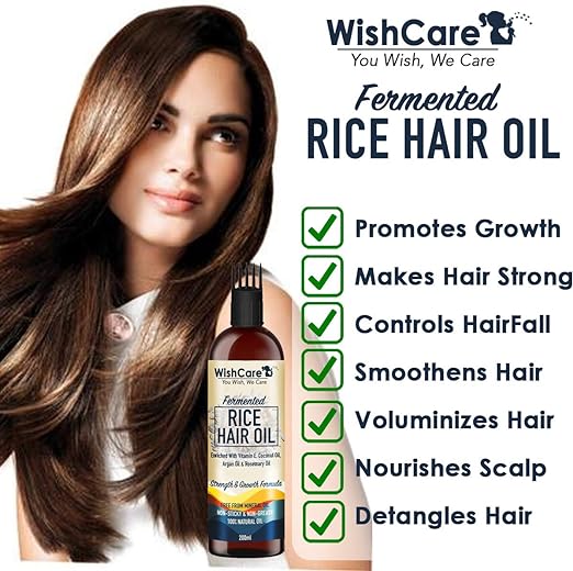 Wishcare® Fermented Rice Hair Oil - With Deep Root Applicator- Increases Strength & Promotes Growth 200ml  No Mineral Oil, Silicones Synthetic Fragrance, Multi