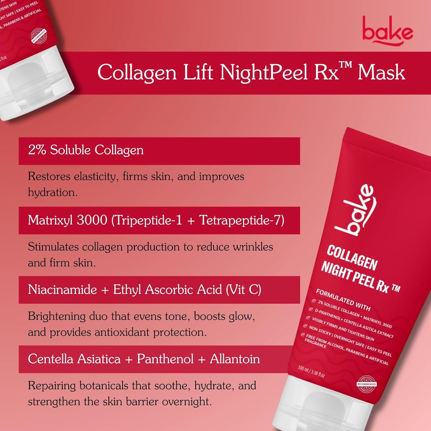 Bake Collagen Peel Off Mask with 2% Soluble Collagen, Matrixyl 3000, Firms & Tightens Skin Overnight, 100 ml