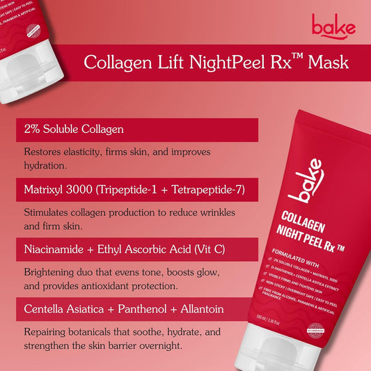 Bake Collagen Peel Off Mask with 2% Soluble Collagen, Matrixyl 3000, Firms & Tightens Skin Overnight, 100 ml