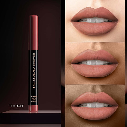 FACES CANADA Ultime Pro HD Intense Matte Lipstick + Primer - Tea Rose (Nude), 1.4g | 9HR Long Stay | Flawless HD Matte Finish
