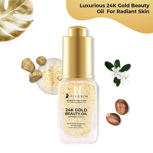 Pilgrim 24K Gold Beauty Oil for glowing skin, deep nourishing, anti aging, make up primer, 20 ml