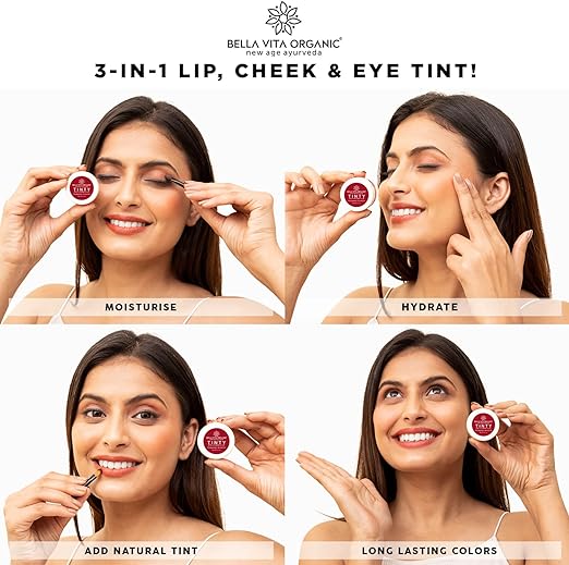 Bella Vita Organic 3 in 1 Pomegranate Tinty - Lip, Eye & Cheek Tint & Blush with Free Applicator for Deep Moisturizing & Nourishing with Almond Oil & Shea Butter, 8g