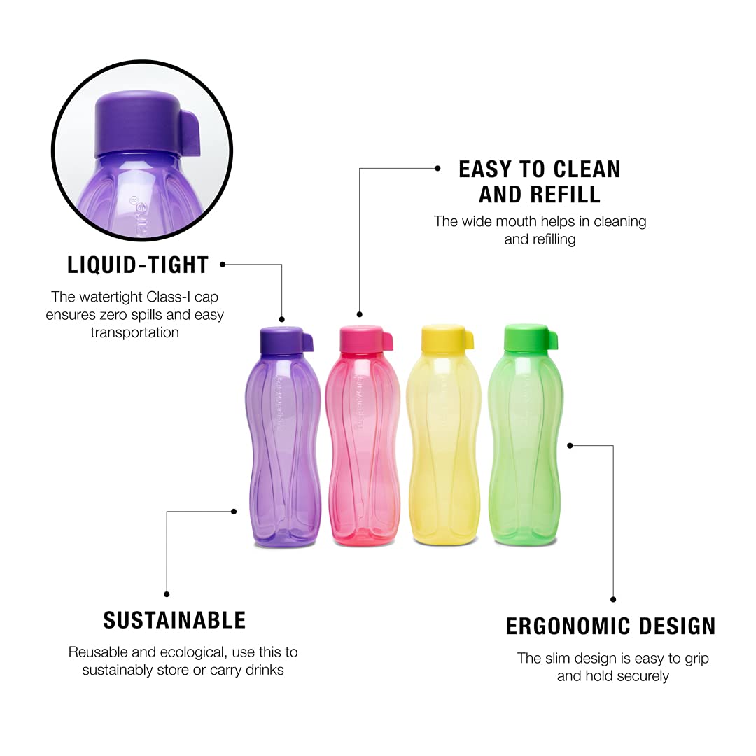 Tupperware Aquasafe Plastic Bottle, 1000 ml, Set of 4, Multicolor