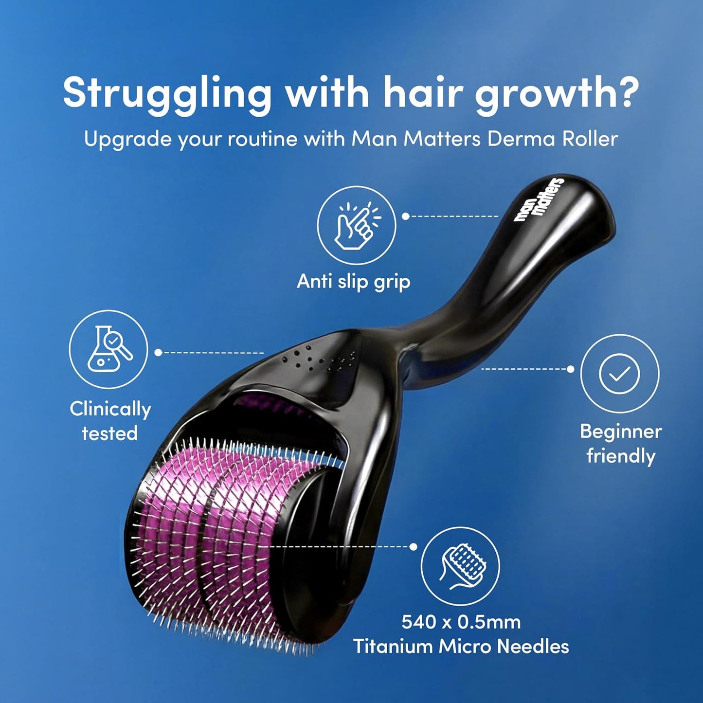 Man Matters Derma Roller With Disinfectant, 540 Micro 0.5mm Titanium Alloy Needles