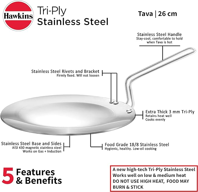 Hawkins Tri-Ply Stainless Steel Tava 26 cm, 3.5mm Induction Compatible