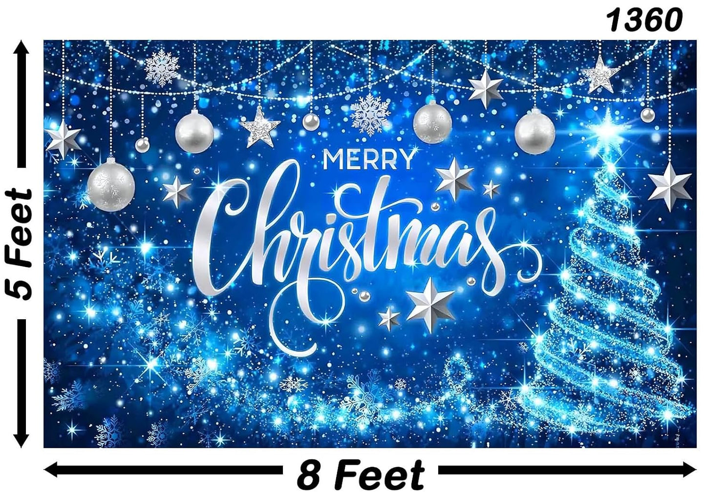 Blue Merry Christmas Backdrop Glitter Bokeh Sparkle Snowflake Banner  Size 5Feet Height & 8Feet Width