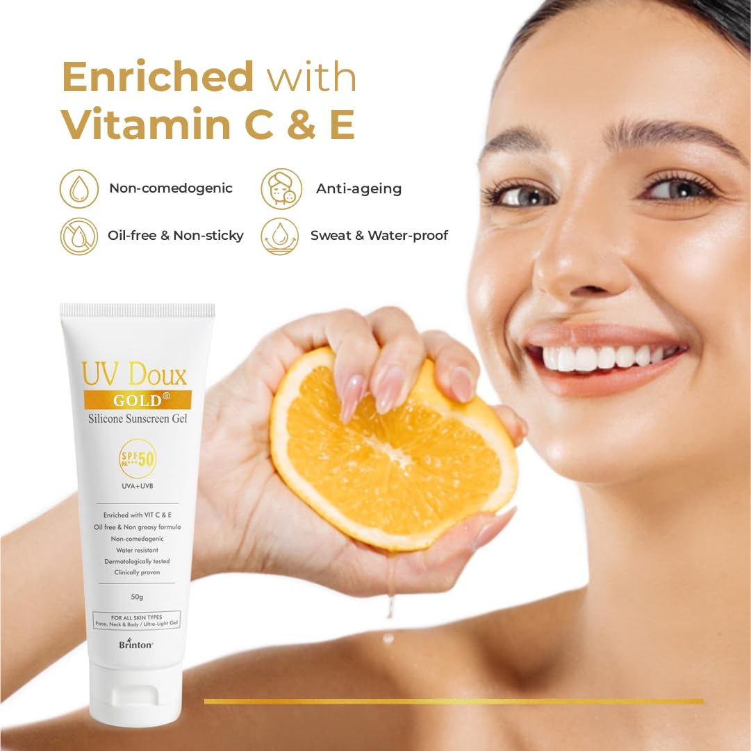 UV Doux Gold Silicone Sunscreen Gel SPF 50 PA+++|With Vitamin C & E|Broad Spectrum UVA/UVB Protection|Anti-Aging, Antioxidant-Rich, Water-Resistant Gel for Hyperpigmentation|Benzene-Free|50g