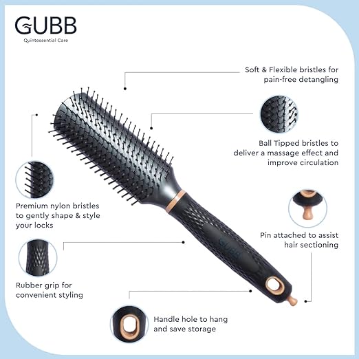 GUBB Styling Brush For Men & Women - Great for up-dos | Makes hair smooth and manageable | Soft Nylon Bristles |Durable and Sturdy - Flat Hair Brush With Pin For Hair Styling - Elite Range